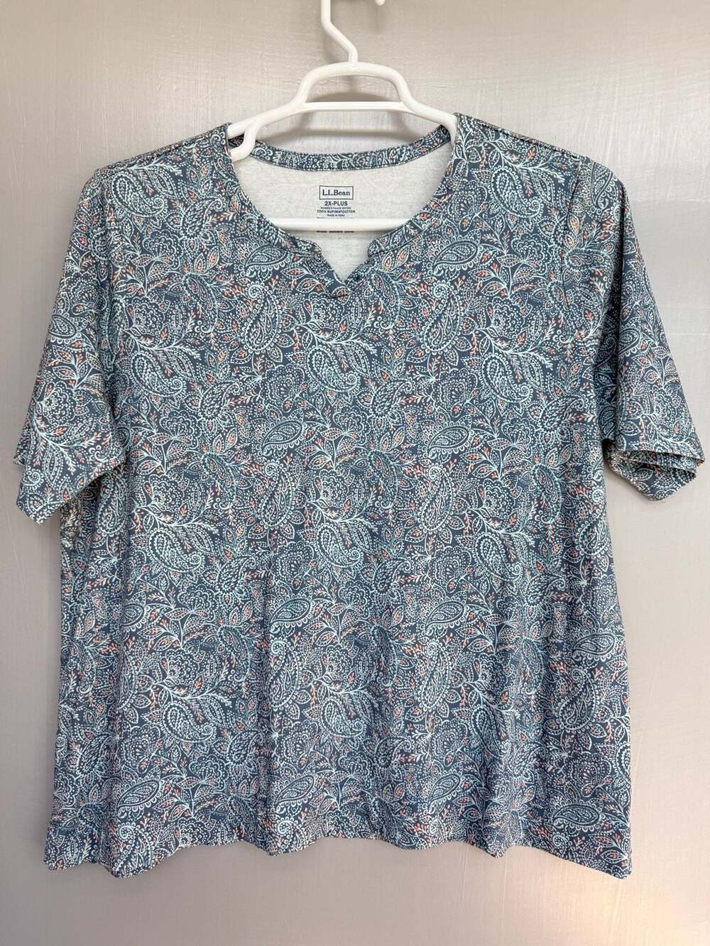 L.L.Bean Split Neck Tee Size 2X-Plus Blue Paisley Supima Cotton